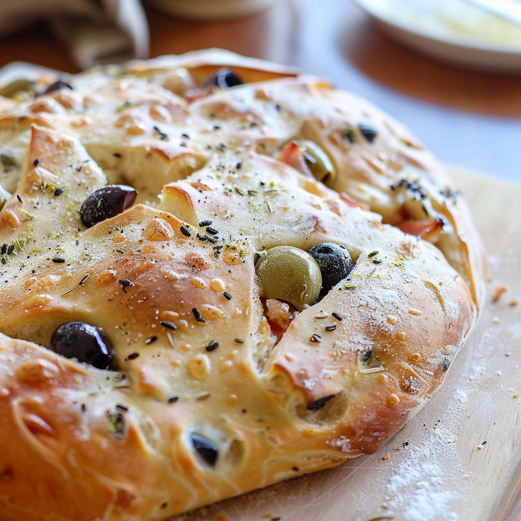 Une pâte à pain maison parsemée d'olives et d'aromates, servie sur une planche en bois.