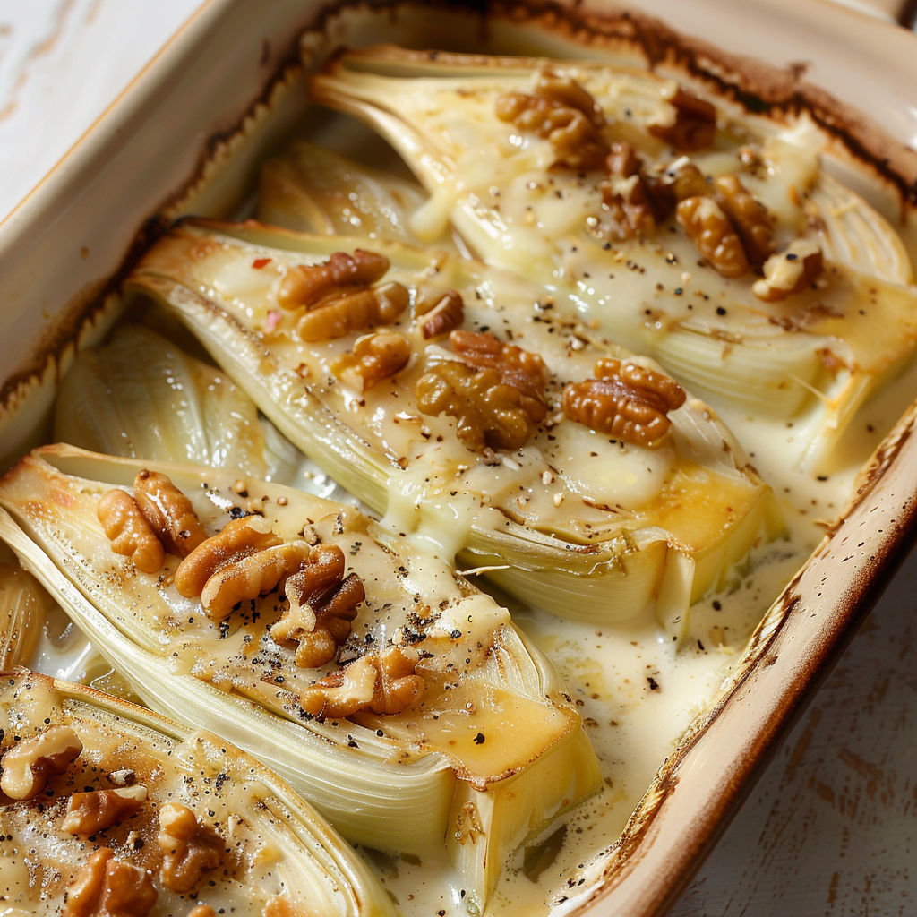 Délicieux gratin d'endives avec roquefort et noix croquantes sur le dessus.