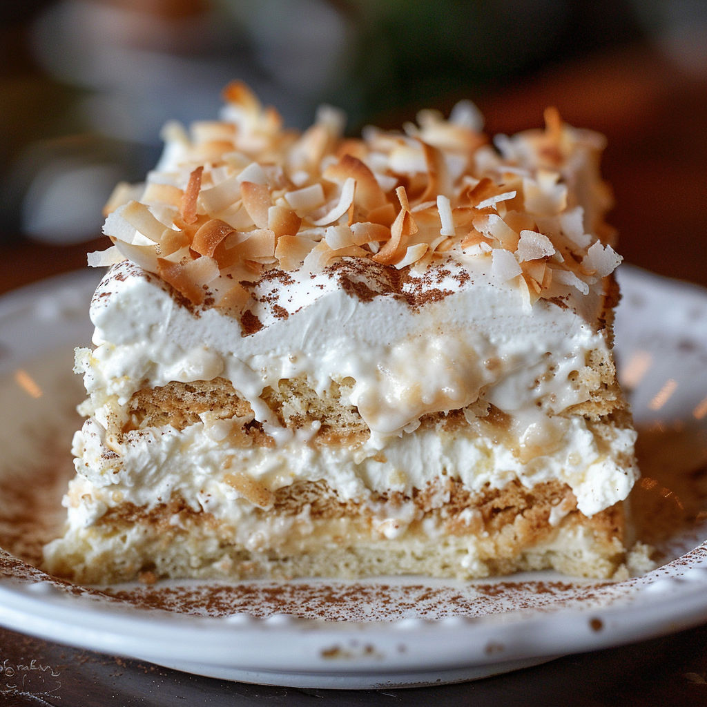 Un tiramisu façon coquito garni de noix de coco, posé sur un joli plateau.