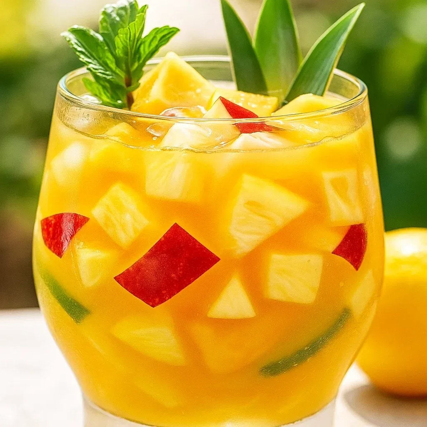Verre rafraîchissant de Punch Tropical Ananas, accompagné de morceaux de fruits et herbes fraîches.