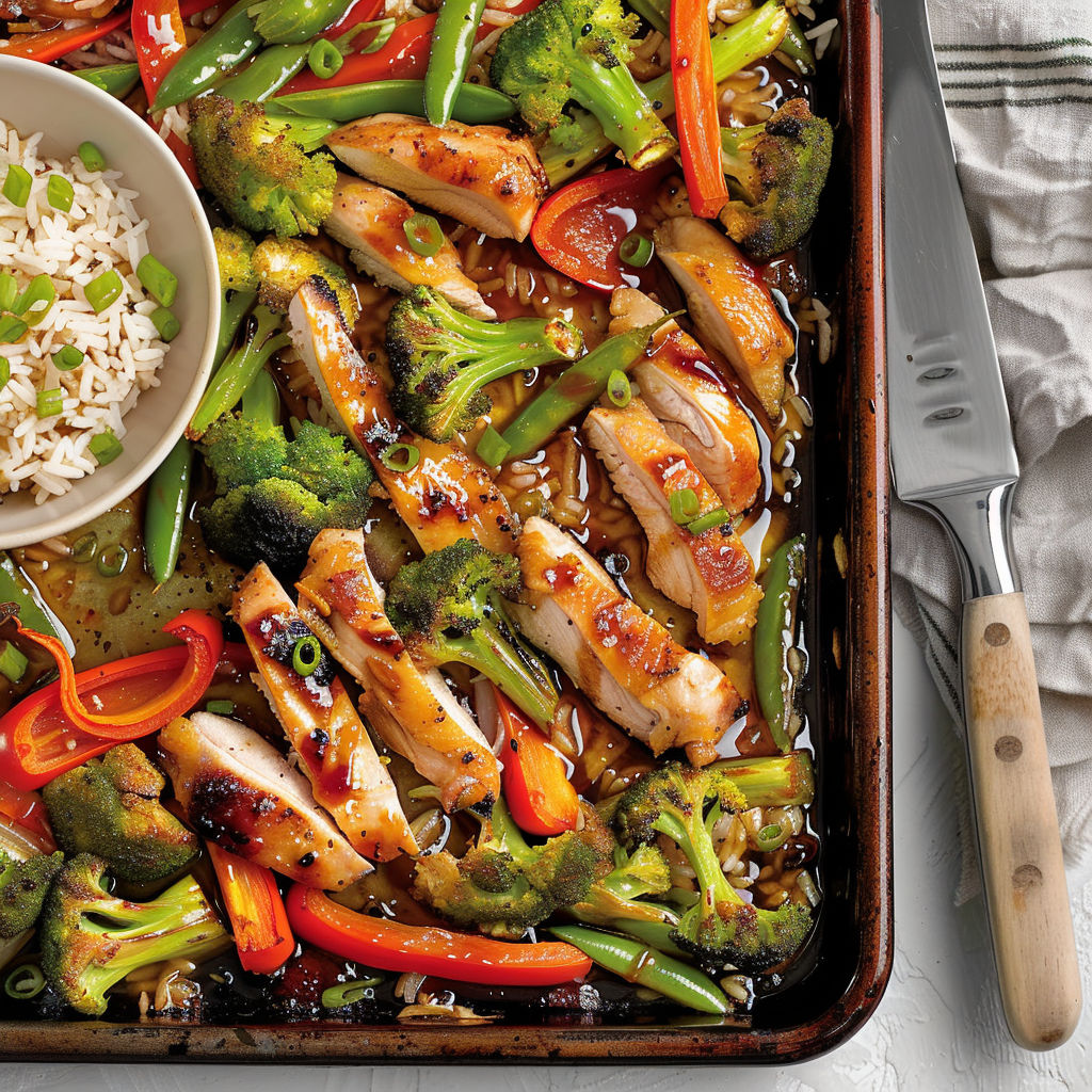 Poulet rôti façon asiatique avec des légumes verts et rouges.