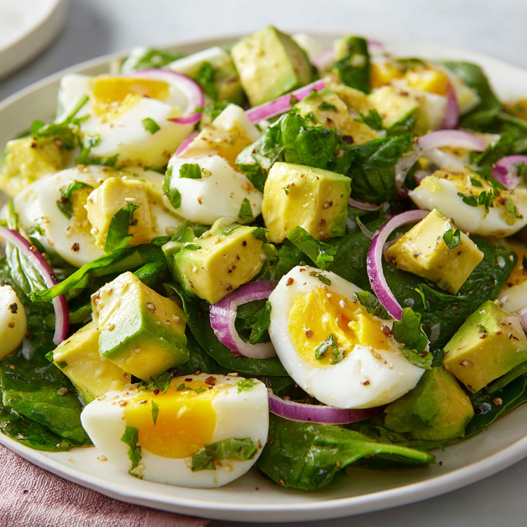 Une assiette garnie de salade d'œufs, avocat et épinards posée sur un plateau.