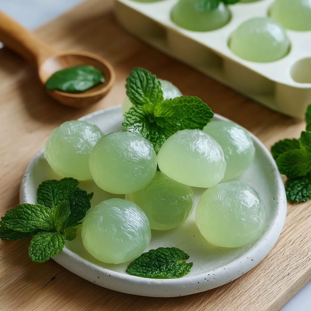 Bonbons frais à la menthe maison, disposés élégamment sur un plateau en bois, pour une gourmandise douce et naturelle.