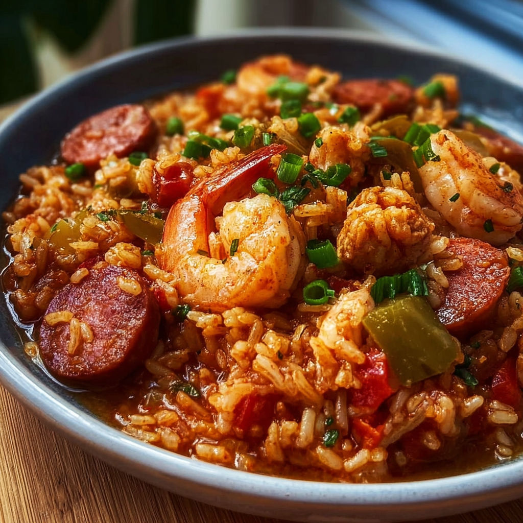 Délicieux jambalaya à la Louisiane avec crevettes, légumes et herbes fraîches.
