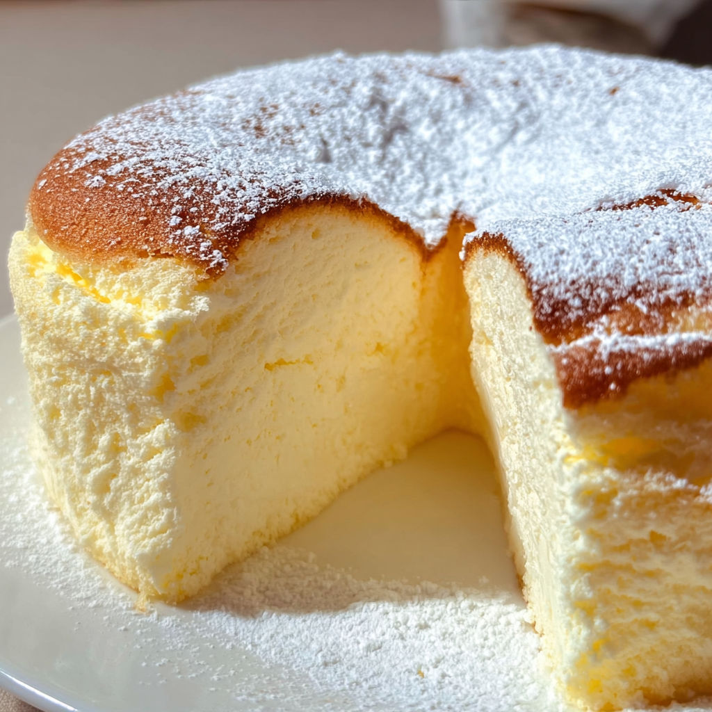 Une belle part de gâteau moelleux au yaourt, saupoudrée de sucre et dorée sur le dessus.