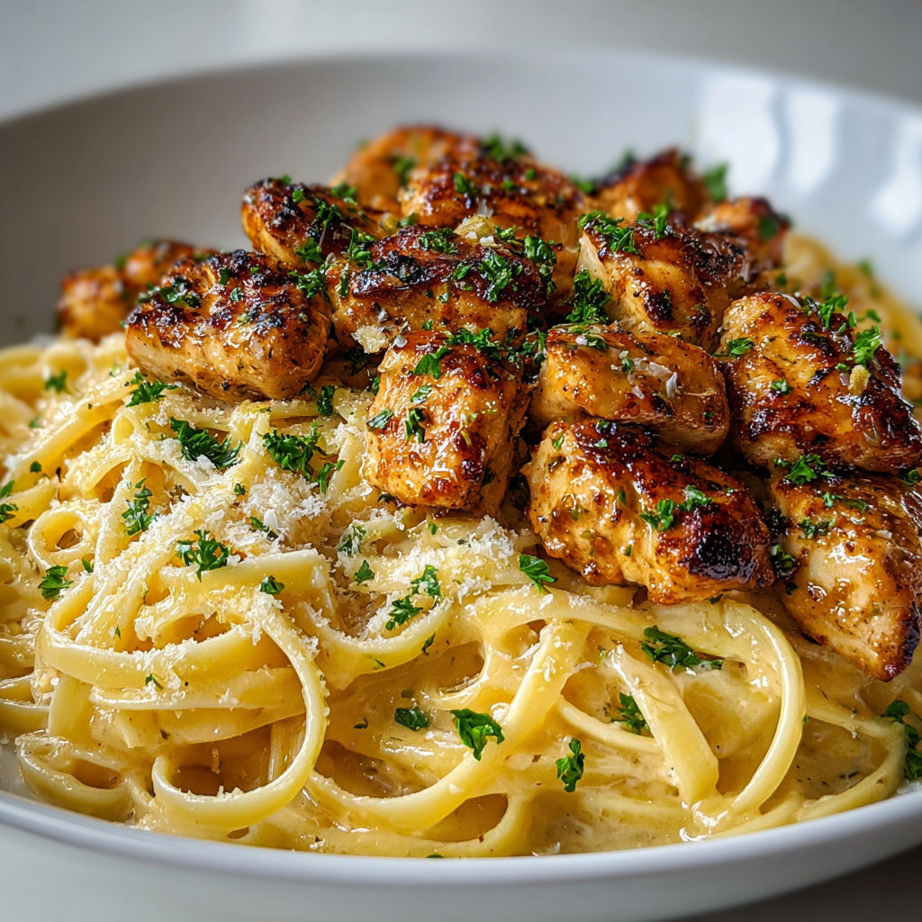 Un plat généreux de linguines avec une sauce crémeuse au beurre citronné et poulet moelleux, garni de persil.