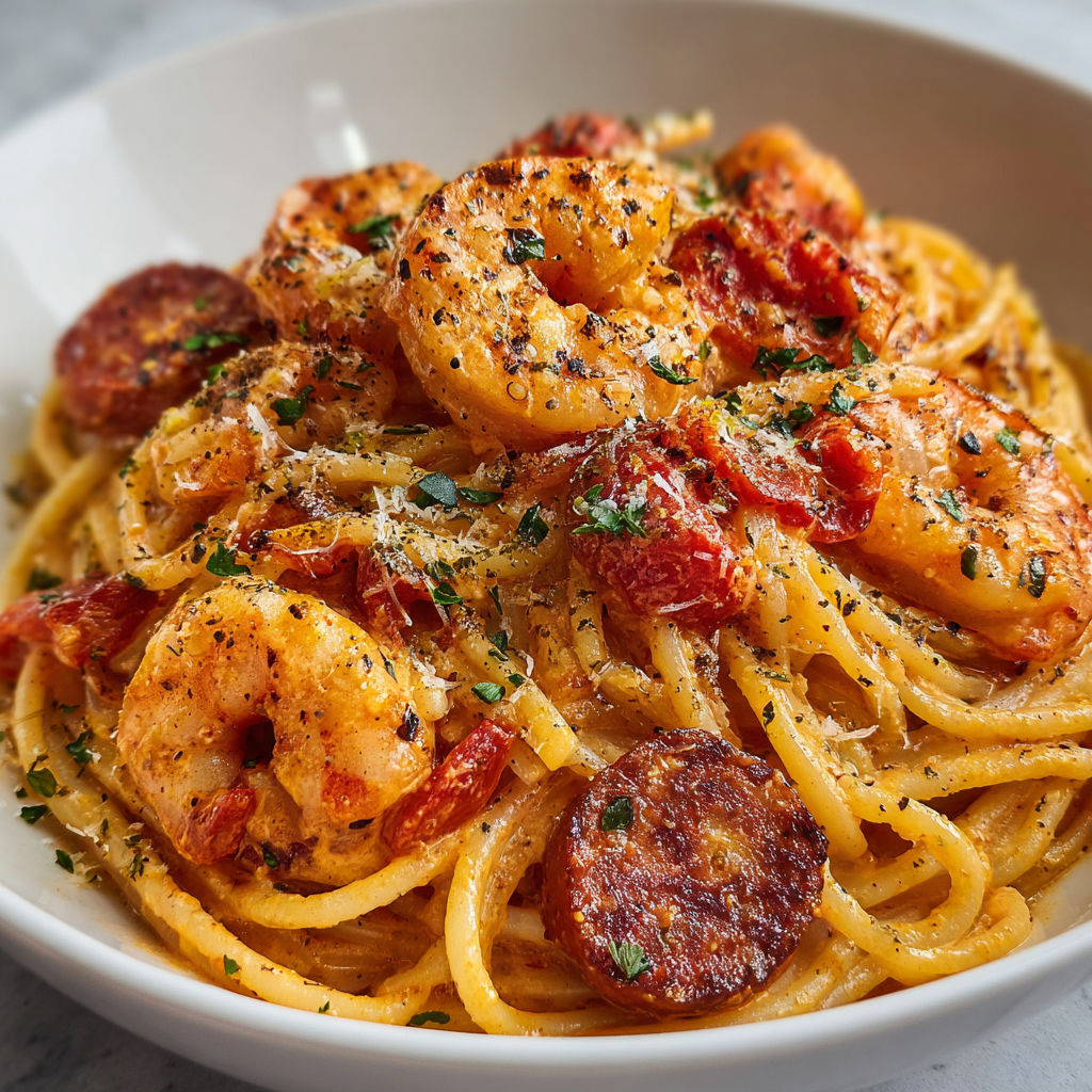Une plate de spaghetti carbonara avec des chicken wings et des herbes.