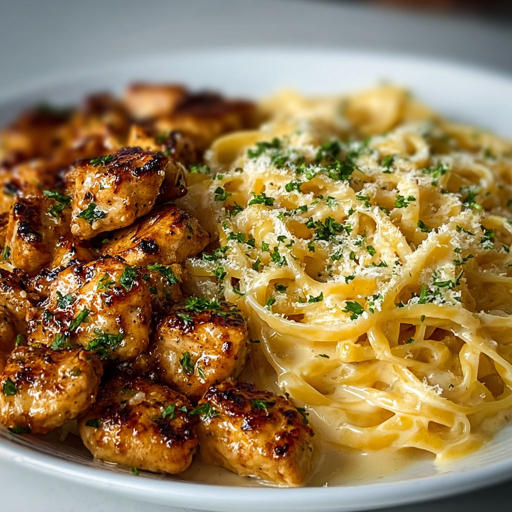 Une plate de linguines au poulet citronné et crème de Parmesan, avec des tomates et des épinards.