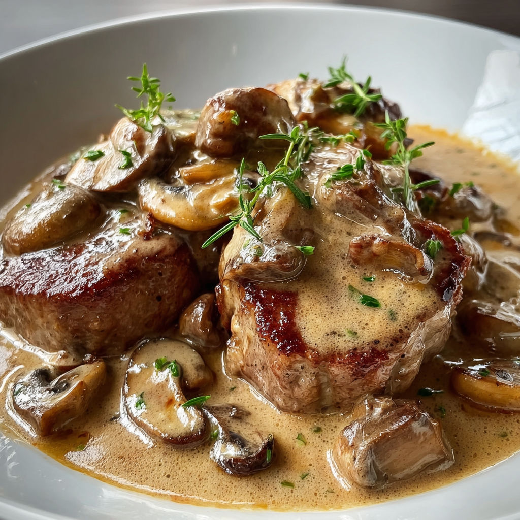 Des médaillons de porc cuisinés à la crème et aux champignons dans une belle assiette blanche.