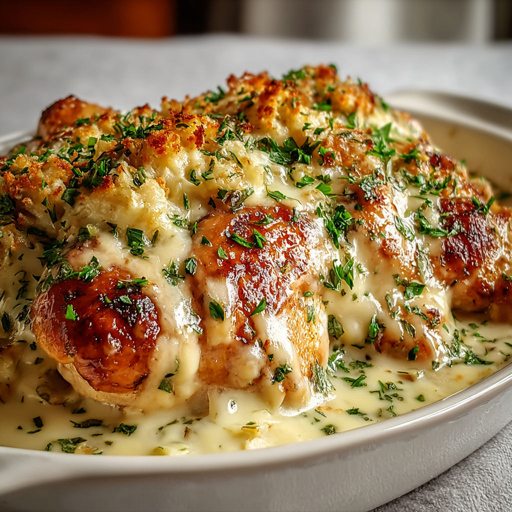Un délicieux plat de poulet crémeux et gratiné avec des légumes de saison servi sur une table joliment dressée.