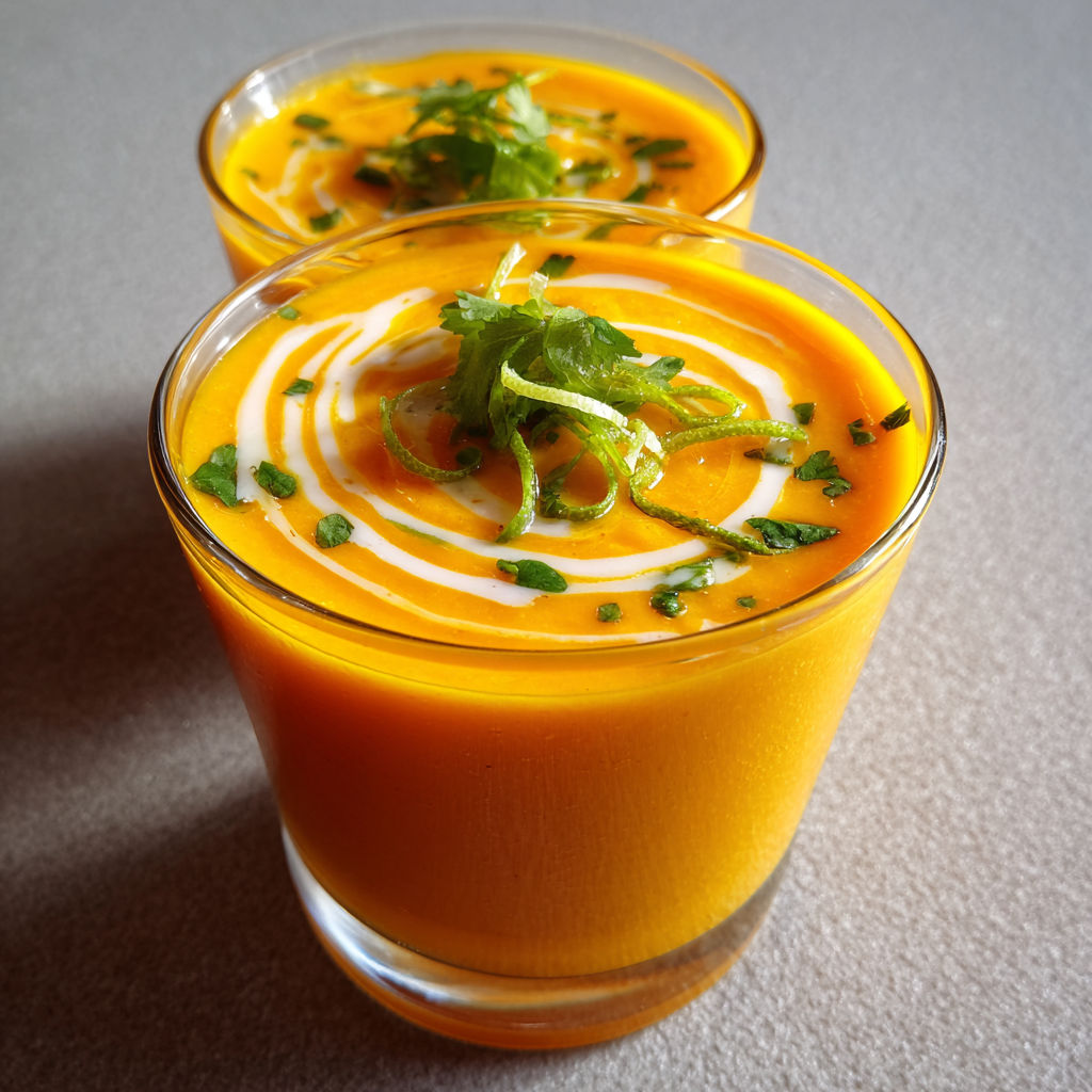 Un bol de velouté froid à base de carotte, coco et citron vert.