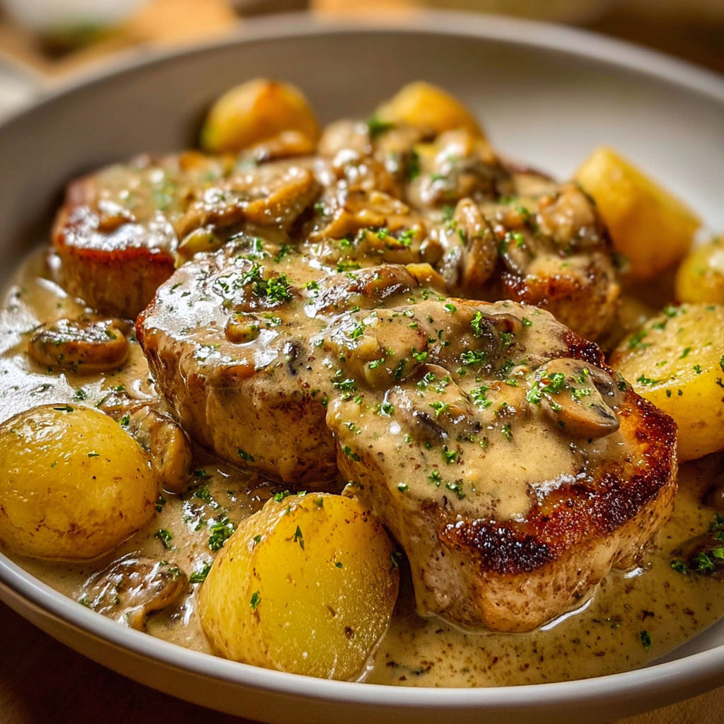 Un plat de côtelettes de porc avec une sauce crémeuse et des morceaux de pommes de terre.