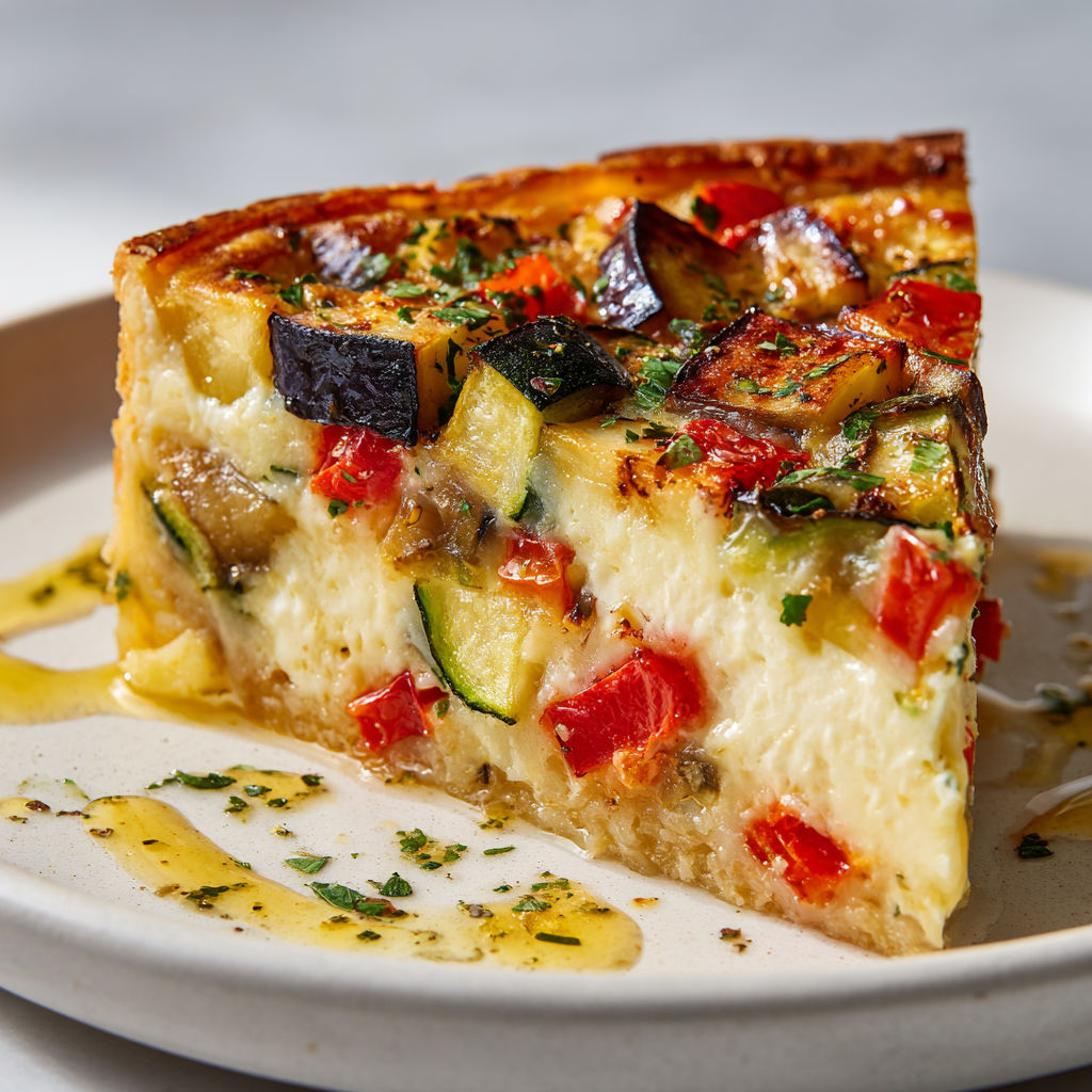 Un plat servi avec des légumes grillés et un flan provençal doré, garni de courgettes, aubergines et tomates.