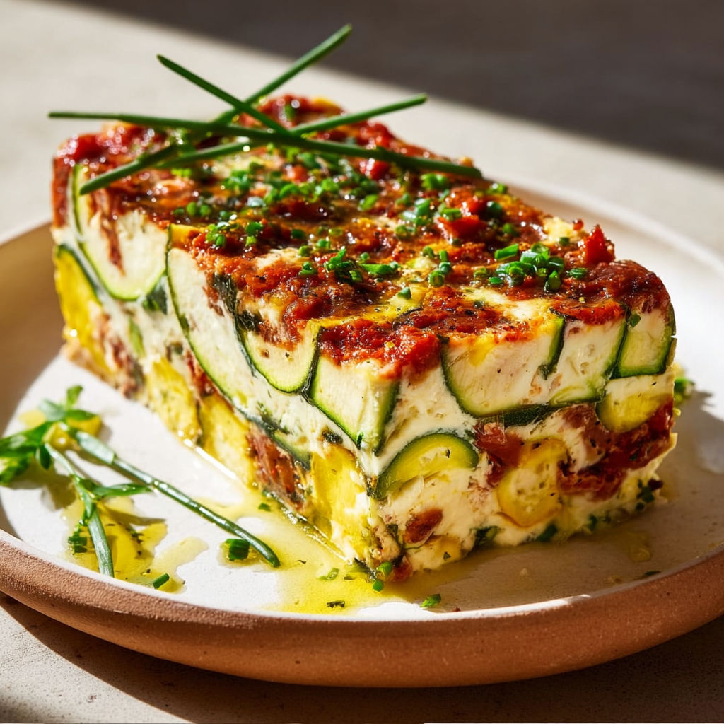 Terrine aux courgettes et chorizo joliment présentée sur un plat.