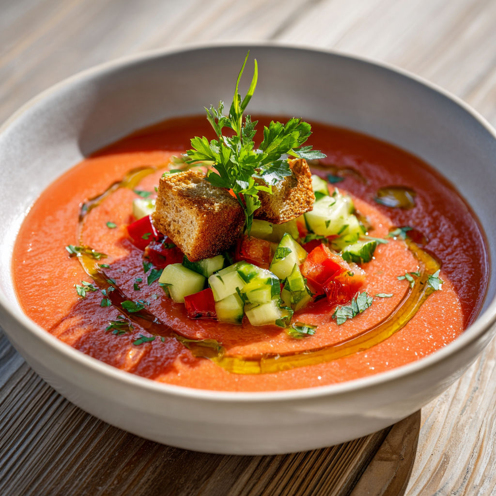 Assiette de gaspacho avec légumes frais et pain grillé.