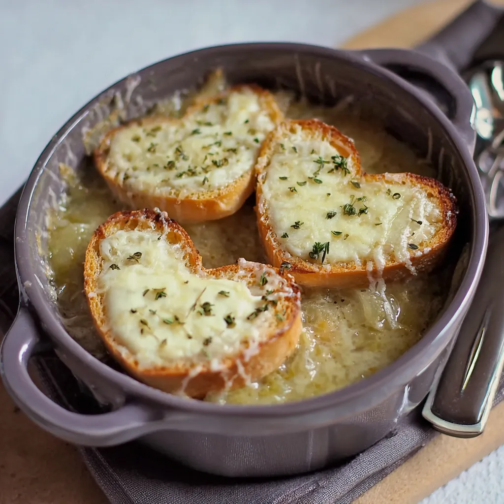 Soupe à l'oignon et ses croûtons gratinés au camembert