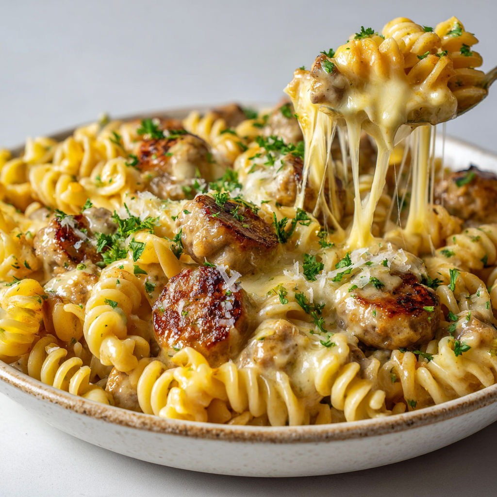 Cocotte fumante de pâtes rotini avec poulet, saucisse cheddar et une touche d'herbes fraîches.