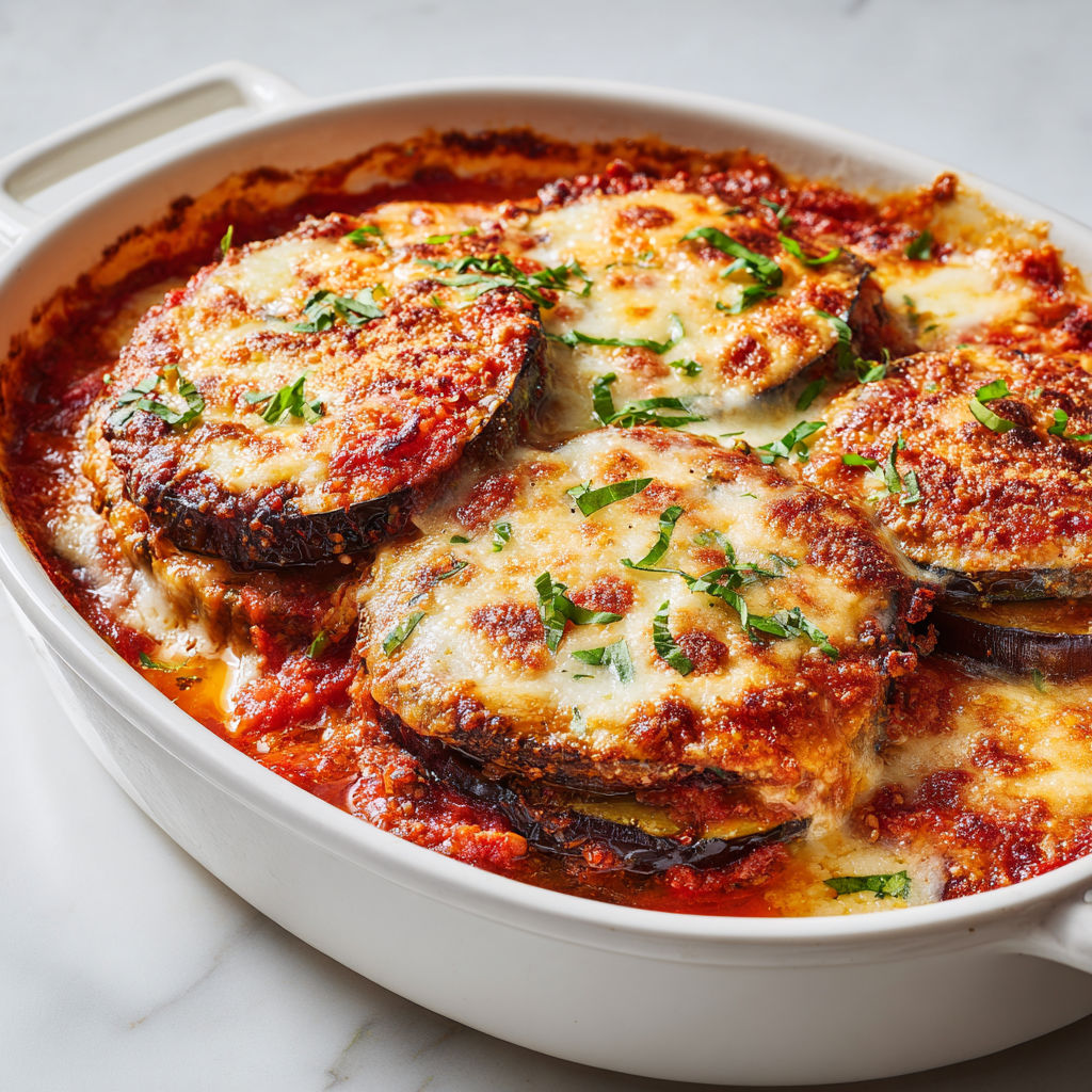 Des aubergines gratinées à l’italienne dans un plat en porcelaine.