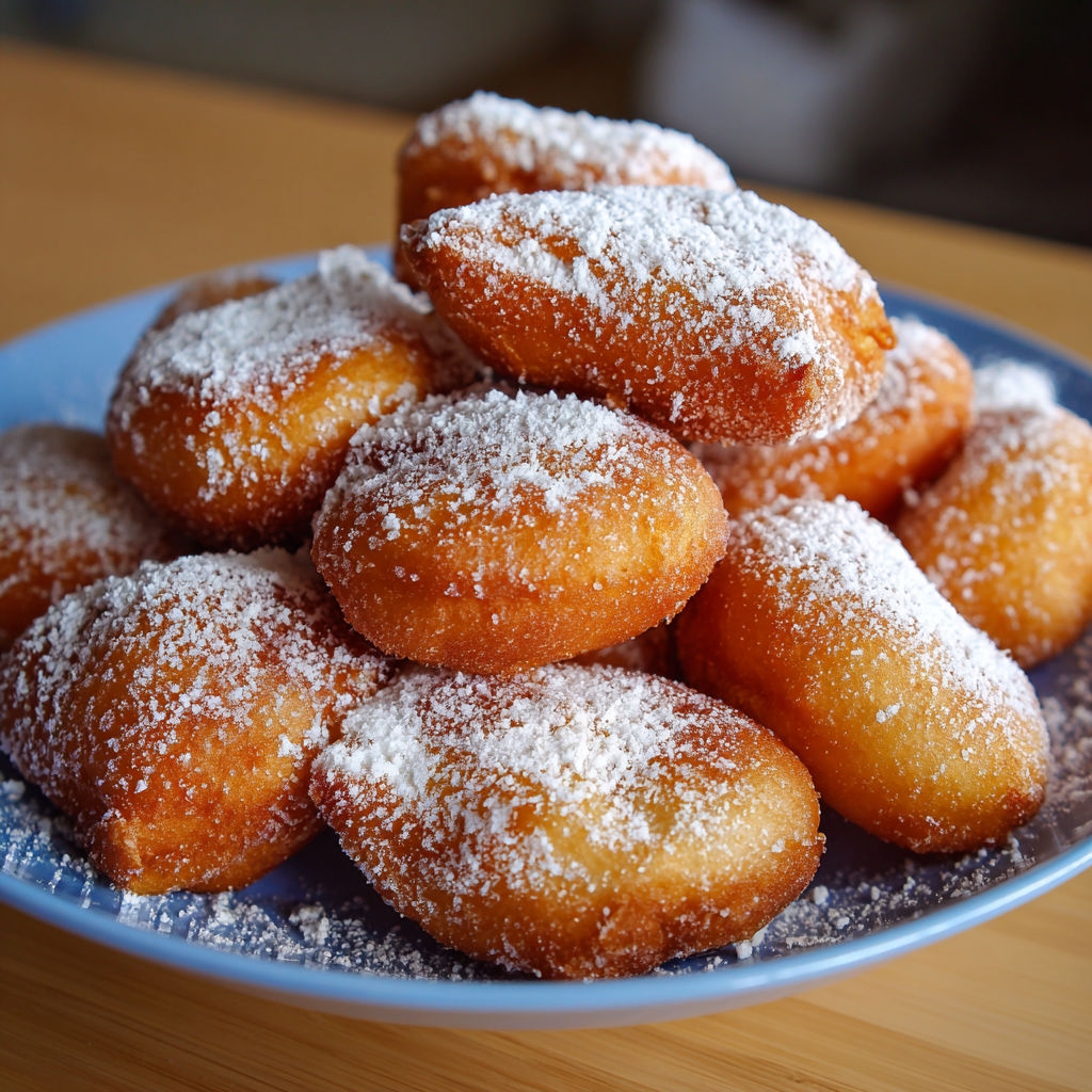 Assiette gourmande remplie de beignets alsaciens dorés, appelés Késala, saupoudrés de sucre.