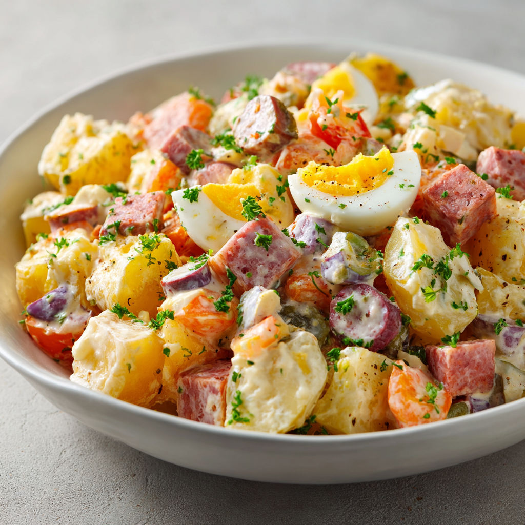 Un bol rempli de salade piémontaise délicieusement garnie de légumes et de charcuterie.