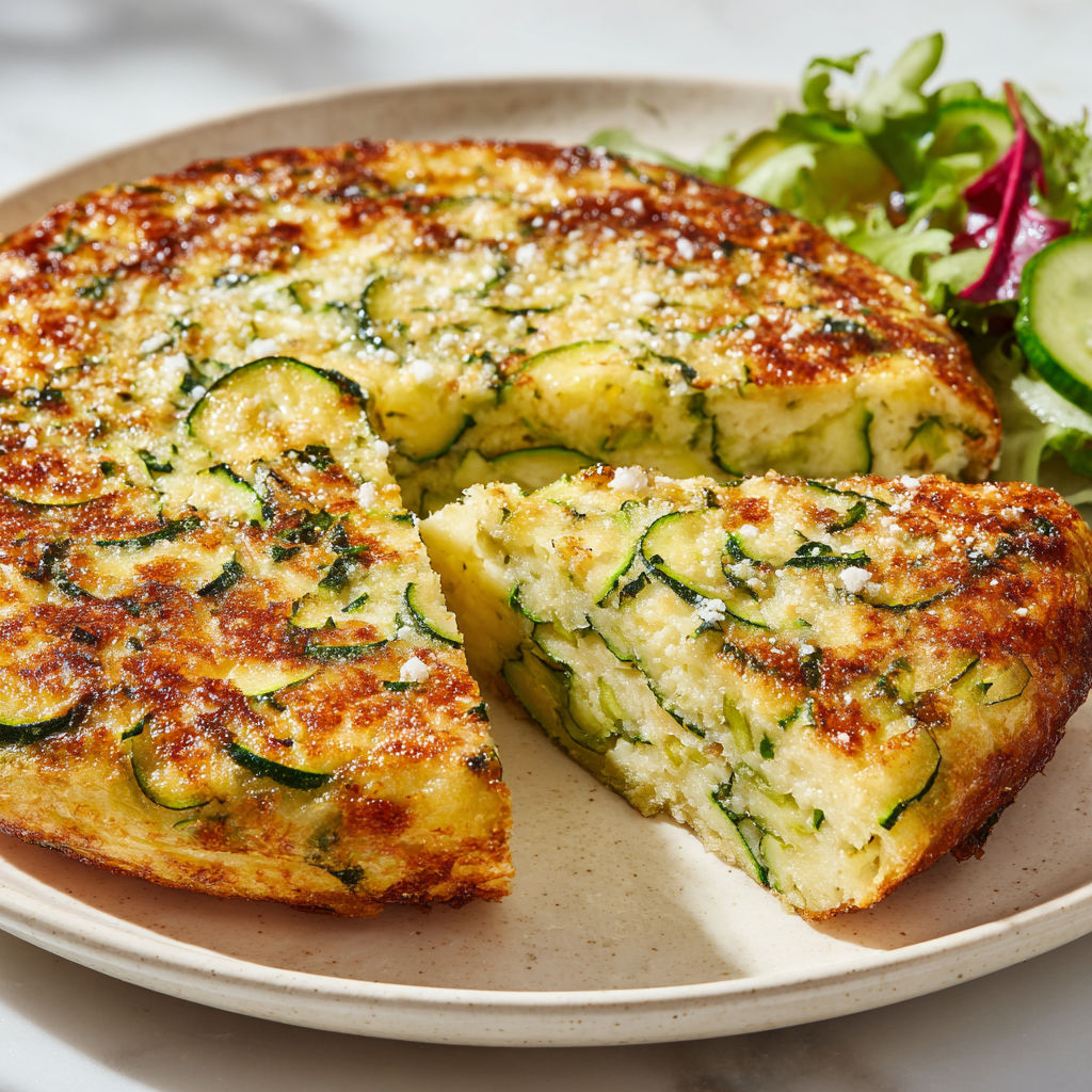 Tranches de gâteau invisible à la courgette et au parmesan, joliment présenté sur un plateau.