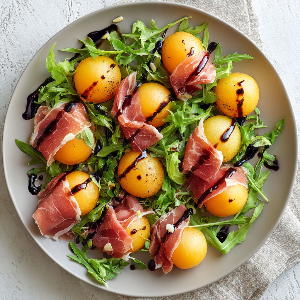 Salade fraîche composée de melon, jambon cru et roquette, accompagnée de sauces et herbes savoureuses.