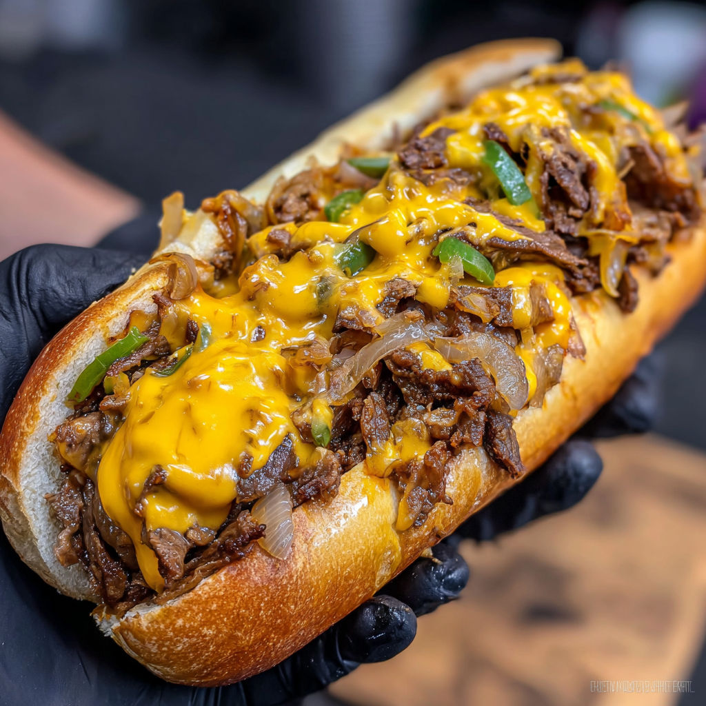 Un sandwich de steak haute cuisson avec des pommes de terre et des oignons, sert avec une sauce au fromage.