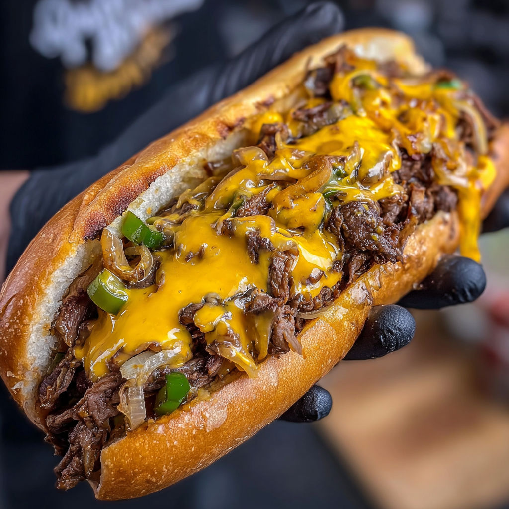 Un sandwich de steak haute cuisson avec des pepin et des chips de pommes de terre.