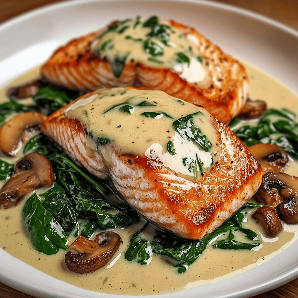 Salmon en sauce au pesto, avec des champignons et des épinards, sur un plat de porcelaine.