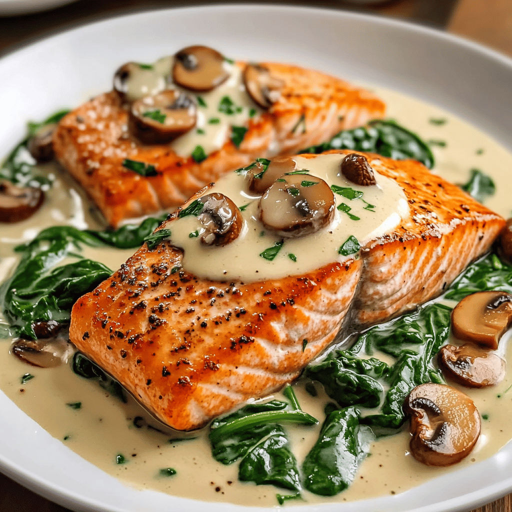 Salmon en sauce au mushroom et à la grecque, accompagné de légumes verts.