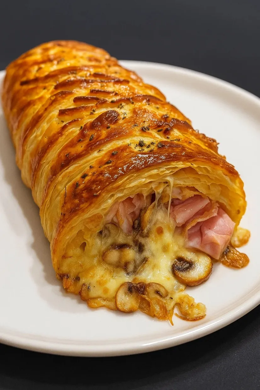 Une feuilletée aux champignons et jambon est servie sur un plateau.