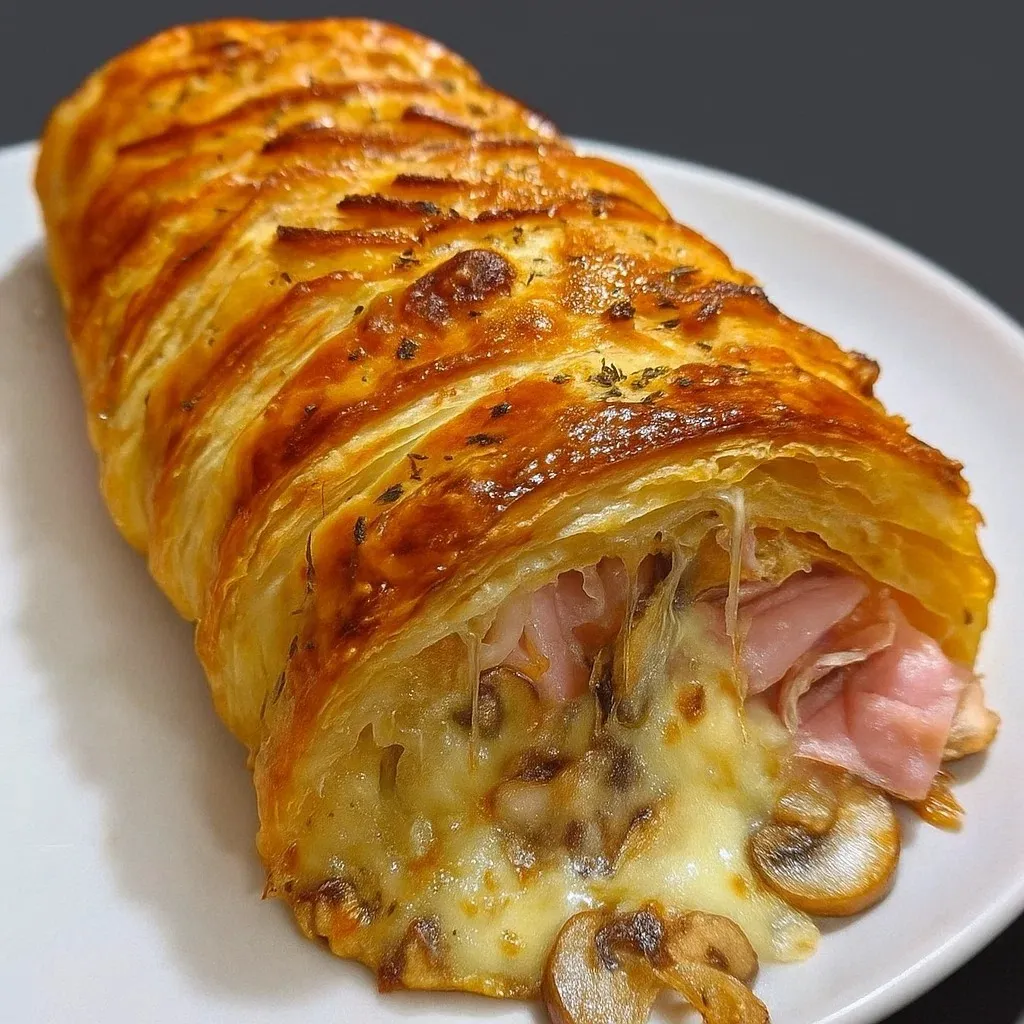 Une feuilletée aux champignons et jambon est servie sur un plateau.