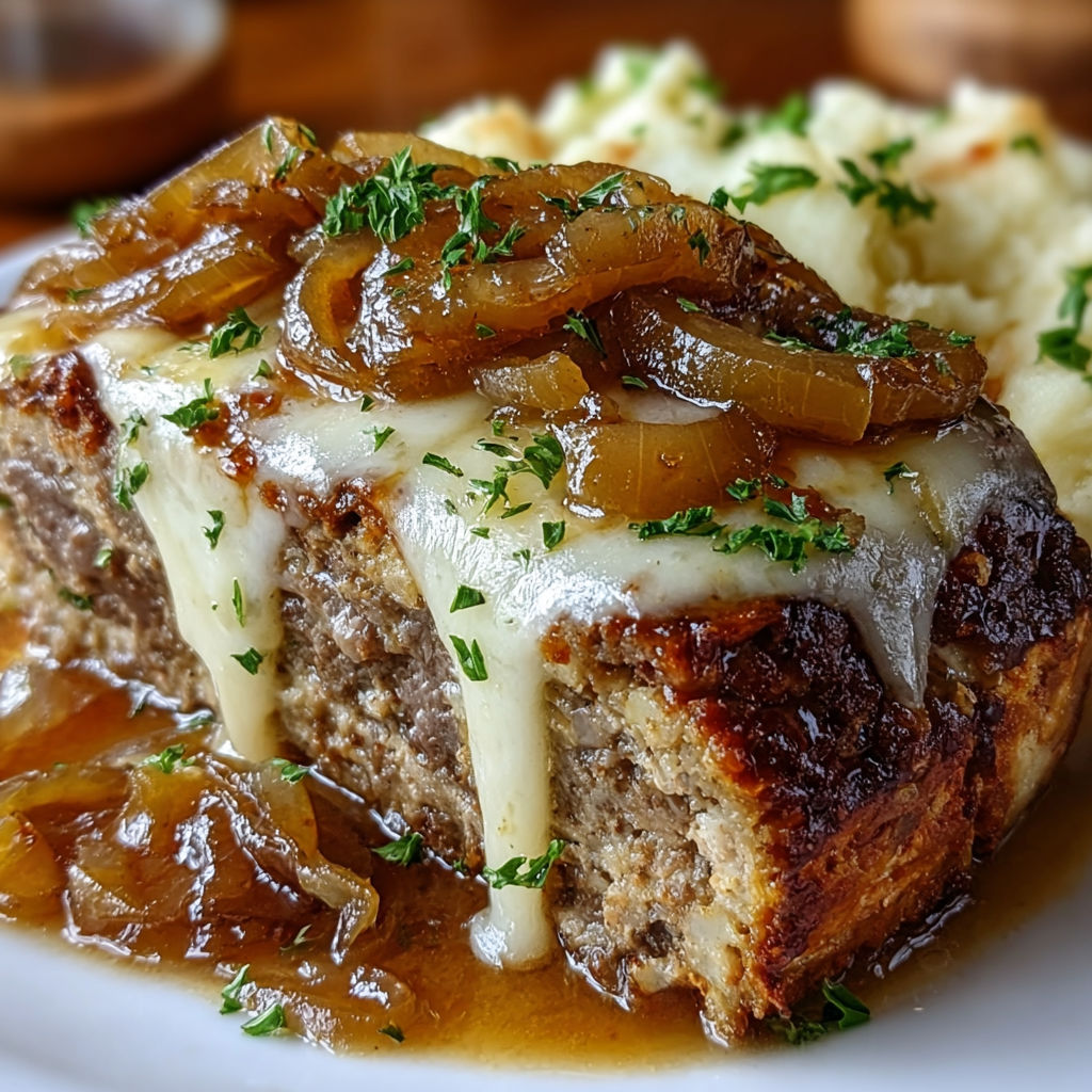 Une recette de Pain de Viande aux Oignons Confits est servie sur un plateau.
