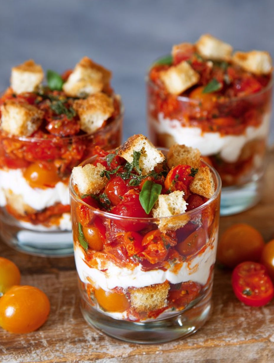 Verrines de tomates et feta, une recette savoureuse et colorée, est servie dans des verres transparentes.