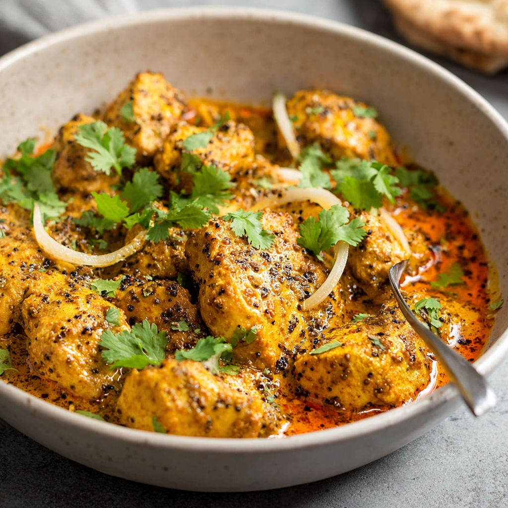 Une assiette de poulet au cari et à la coriandre.