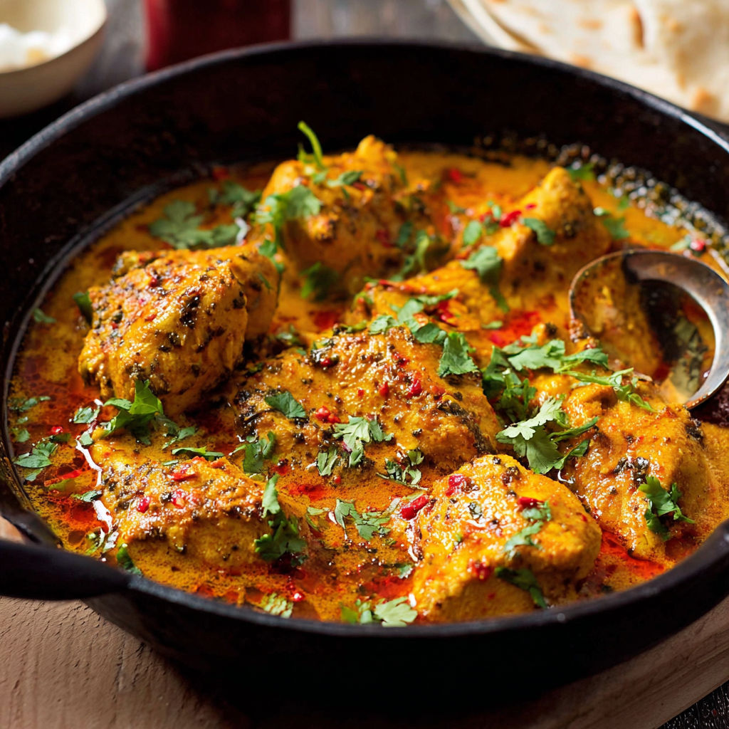 Une recette de curry chicken dans un bol en fonte.