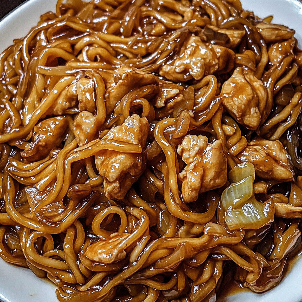 Une recette de noodles chinoises avec des légumes et des viandes.