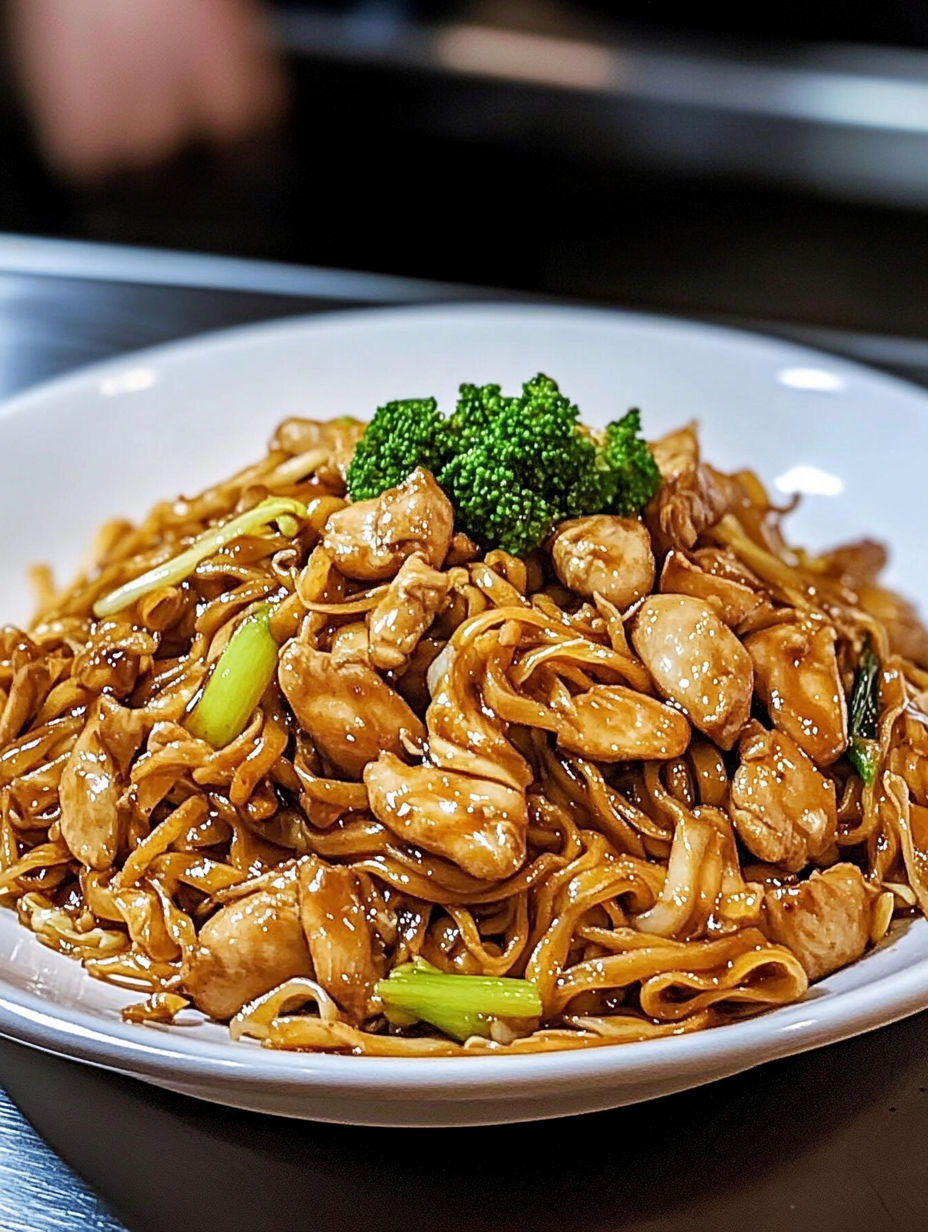 Une plate de noodles chinoises avec des légumes verts et des poulet.