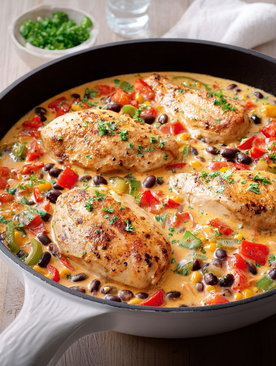 Une recette de poulet en sauce avec des légumes colorés.