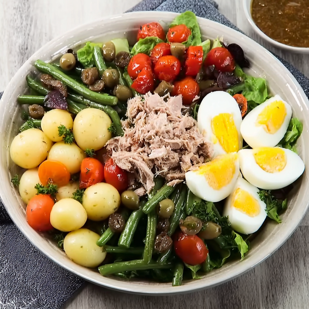 Une salade de poulet et légumes, avec des oignons, des tomates, des avocats et des poivrons.
