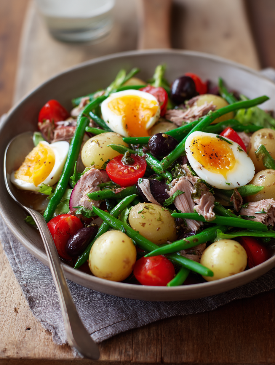 Une salade de poulet et légumes, avec des oeufs entiers, des tomates, des poivrons, des avocats et des asperges.