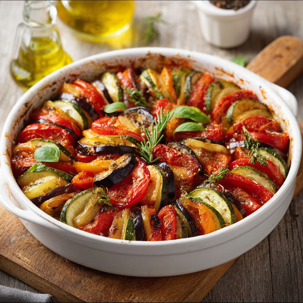 Une ratatouille au four est servie dans un bol en porcelaine.