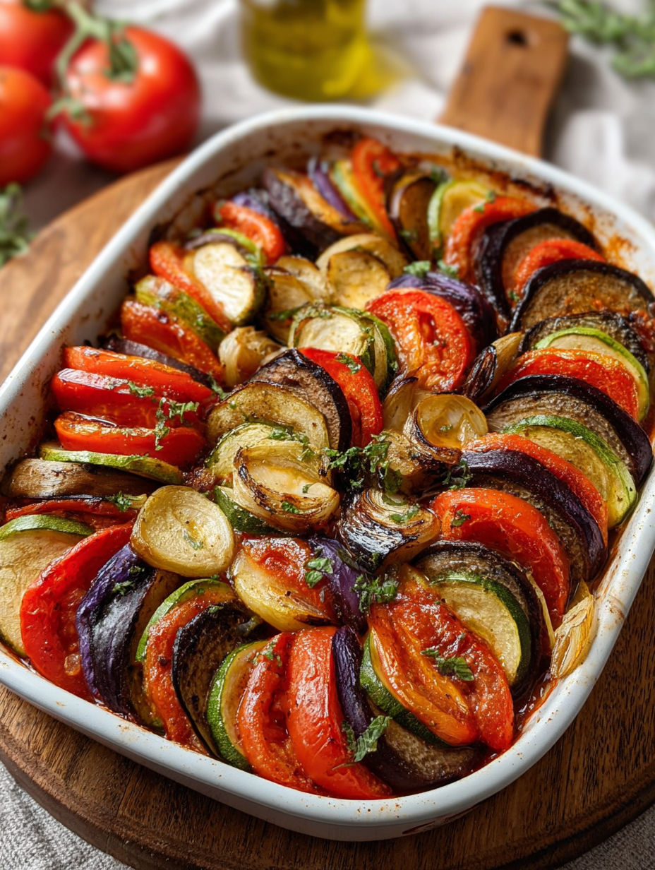 Une ratatouille au four colorée et délicieuse, avec des légumes tels que des aubergines, des tomates, des poivrons et des courgettes.