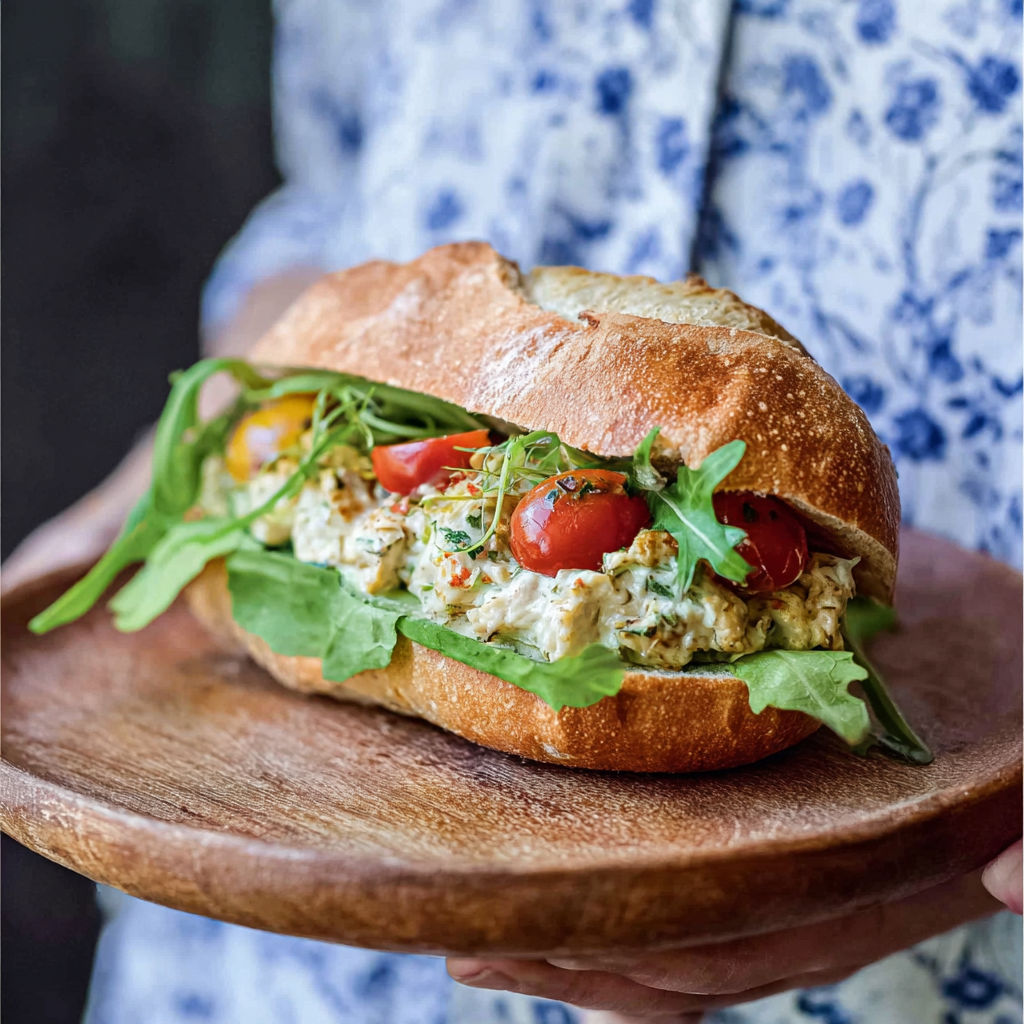 Une sandwich de poulet et de tomates sur une planche de bois.