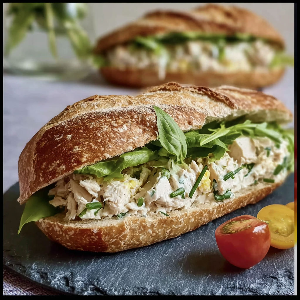 Une sandwich de poulet et de laitue sur un plateau de granit.