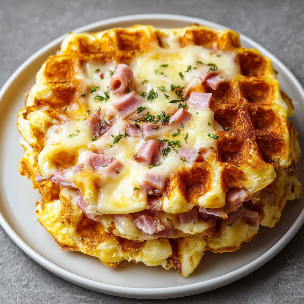 Une tarte au fromage et au jambon, avec des herbes fraîches sur le dessus, est servie sur un plateau.