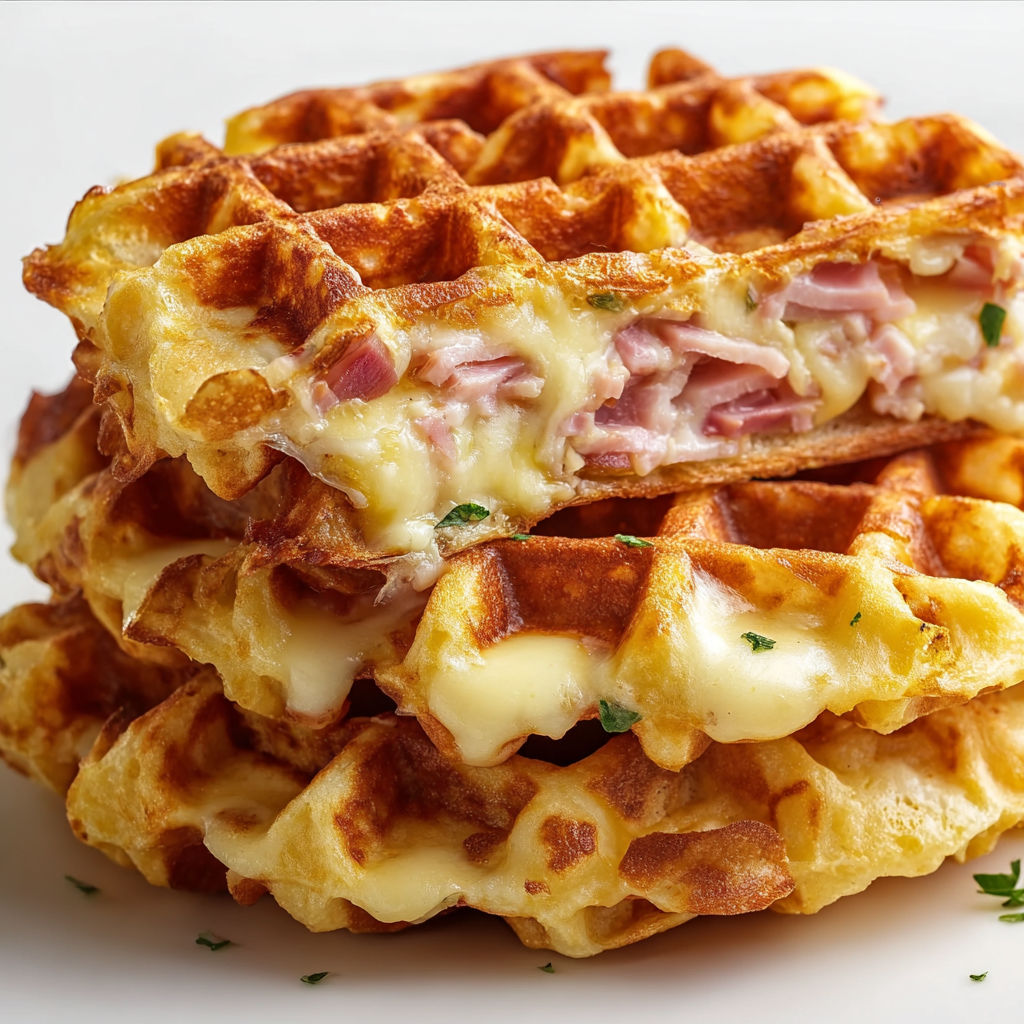 Une pile de waffles au fromage et aux herbes.