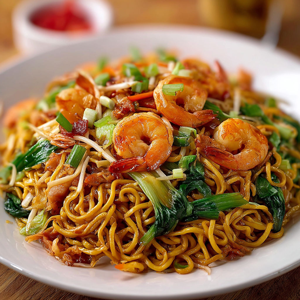 Une plate de nouilles chinoises aux crevettes, servie sur une table.