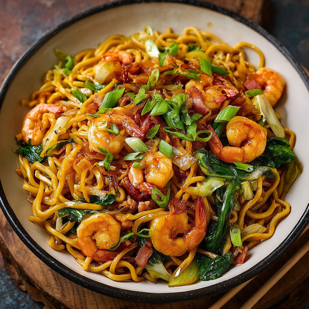 Une recette de noodles avec des crevettes et des légumes.