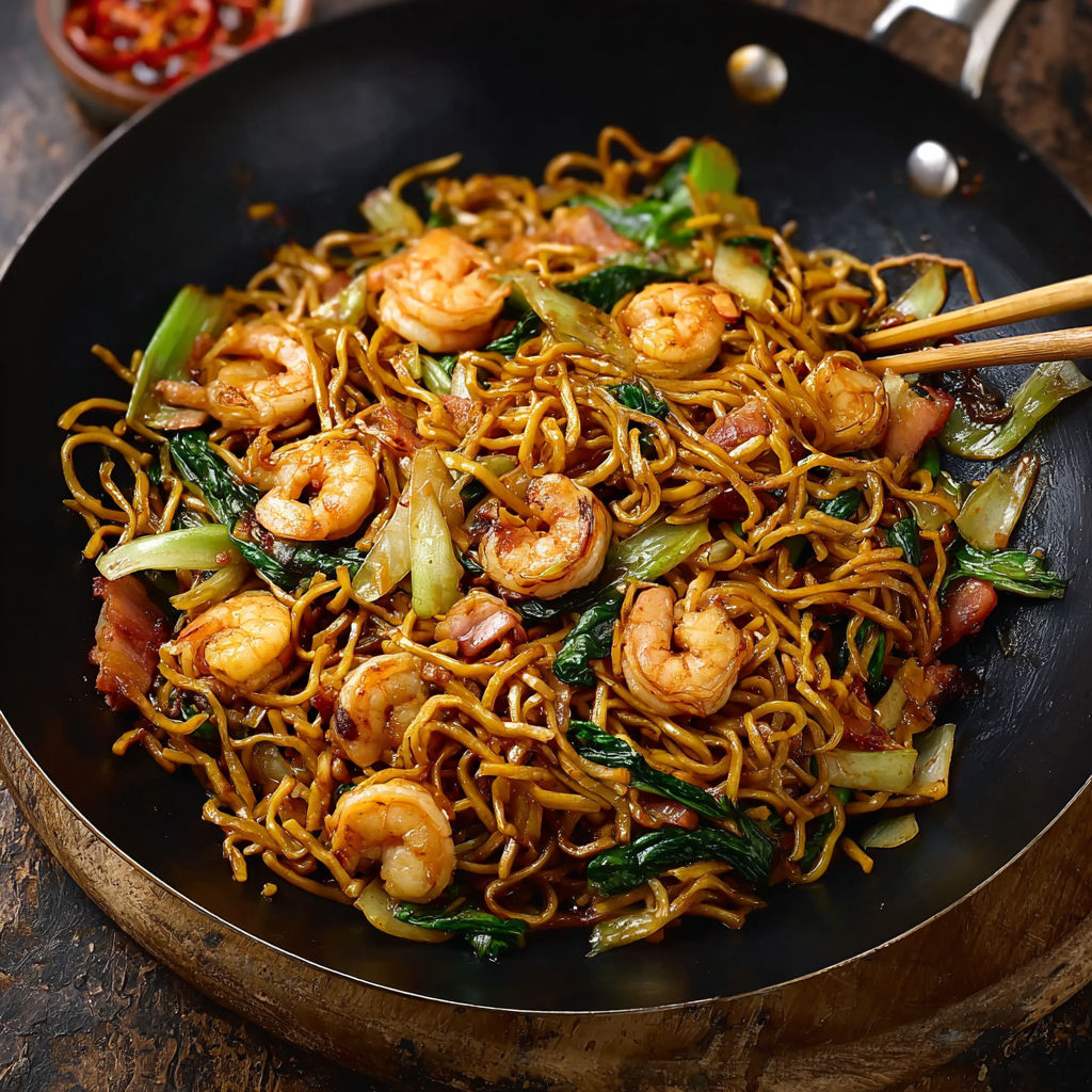 Une recette de noodles avec des crevettes et des légumes.